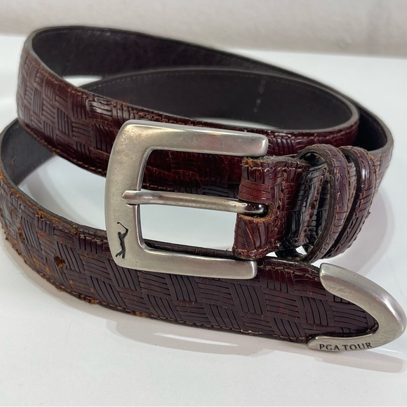 PGA Tour Logo Men Brown Woven Top Grain Leather Belt Size 38 Golf Casual Dress - Picture 1 of 8